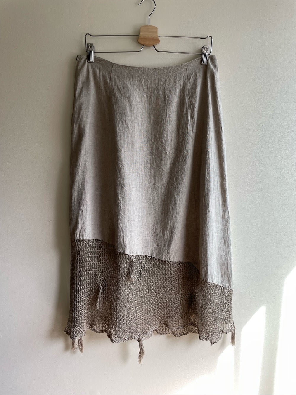 STAPF Austria 100% Linen Boho Midi Skirt Asymmetrical Crochet Hem Size 42 US 10 - Picture 3 of 10